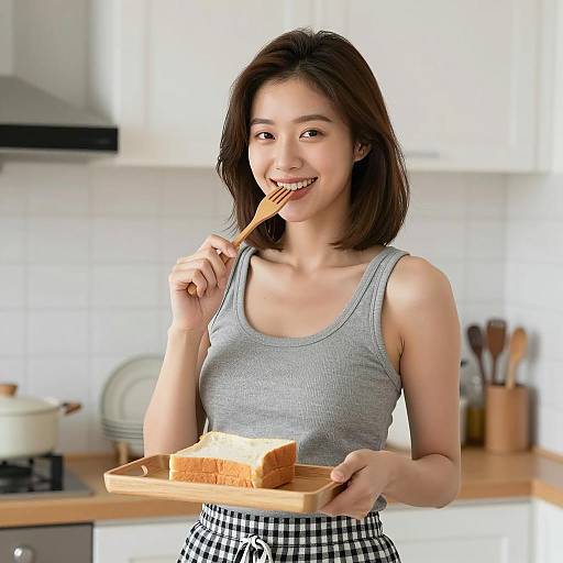 Asian Woman Eating Bread in Kitchen