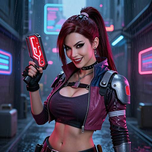 Cyberpunk woman with red hair, black crop top, leather jacket, and choker, holding glowing red device, neon-lit rainy alley.