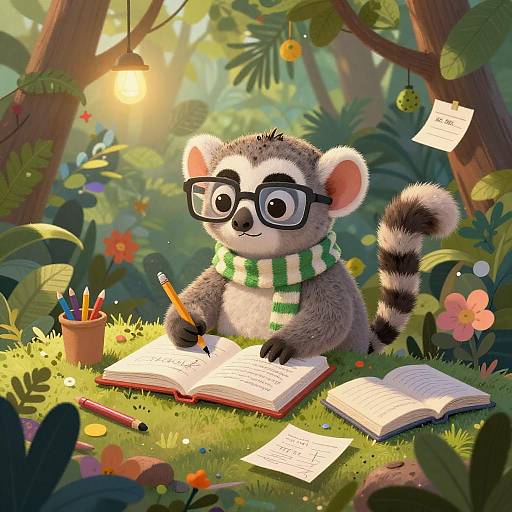 Cute cartoon raccoon with glasses and green striped scarf writes in an open book in a sunlit, vibrant forest clearing.