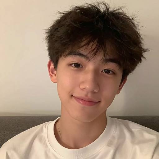 Photograph of an Asian teenage boy with messy black hair, light skin, brown eyes, and a subtle smile, wearing a white shirt, against a