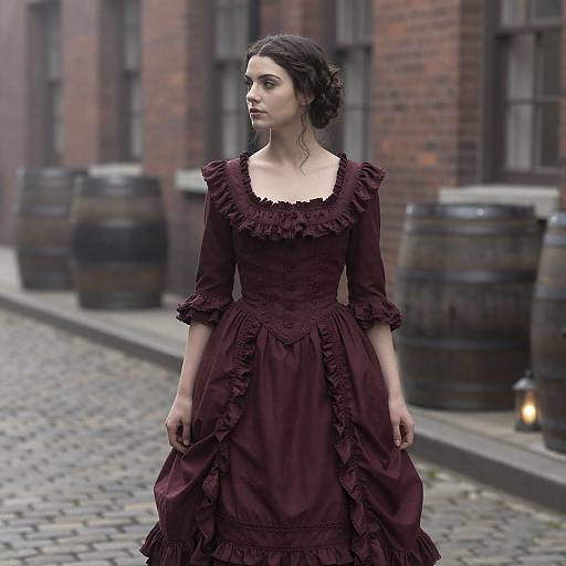 Victorian Woman on Misty Cobblestone Street