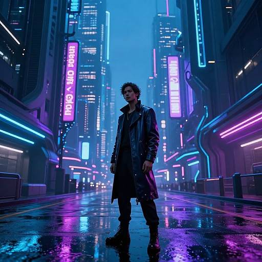 Cyberpunk cityscape at night, neon lights reflecting on wet streets, man with messy hair, black leather coat, standing in center. Digital art