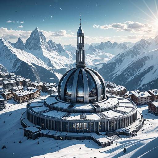 Snowy Alpine Observatory with Mountain Backdrop