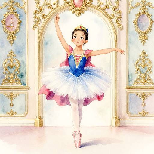 Digital drawing of a young ballerina with fair skin, black hair in a bun, wearing a blue and pink tutu, white tights,