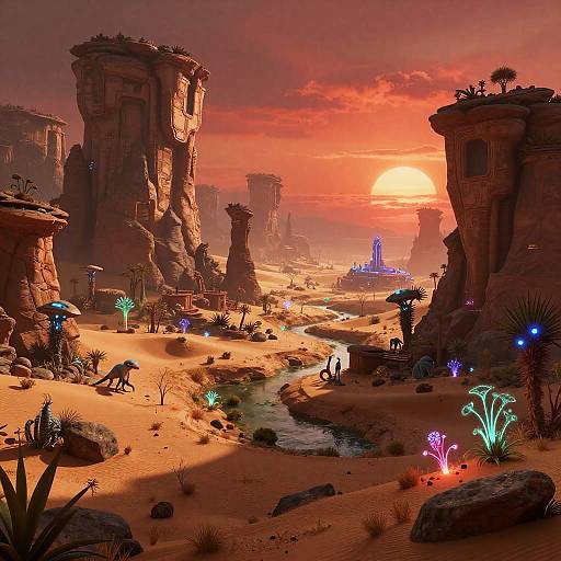 Digital artwork of a surreal desert landscape at sunset, featuring glowing plants, towering rock formations, a winding river, and futuristic structures.