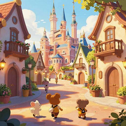 Digital illustration of a sunny, fairy-tale village with two bear-like children and a white rabbit walking toward a colorful castle.