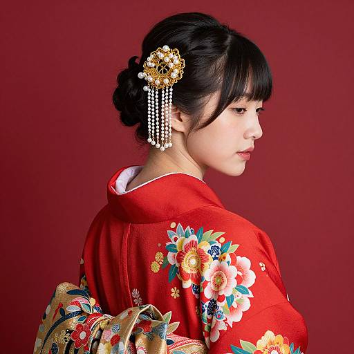 Photograph of an Asian woman with dark hair in an updo, wearing a red floral kimono, adorned with gold and pearl hairpiece, against