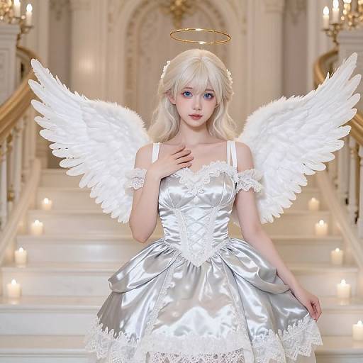 Digital artwork of a blonde angel with white wings, halo, and silver dress, standing on a lit staircase in a grand, ornate hall.