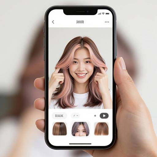 Photograph of a hand holding a smartphone showing a smiling young girl with pink and brown hair, labeled 