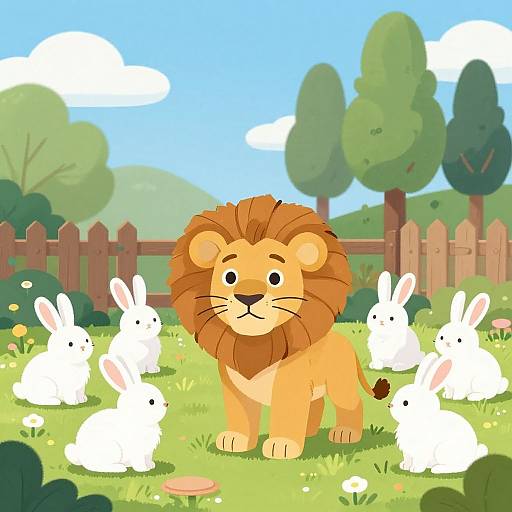 Curious Lion Cub with White Rabbits