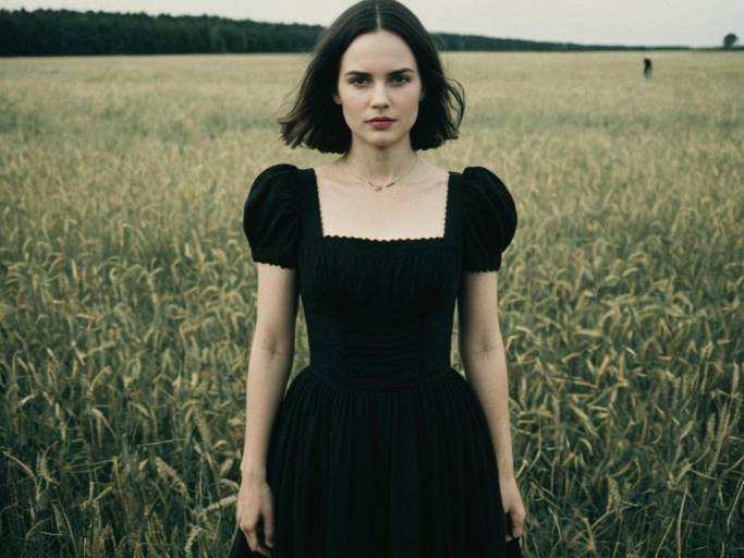 Woman in Black Dress Standing in Field