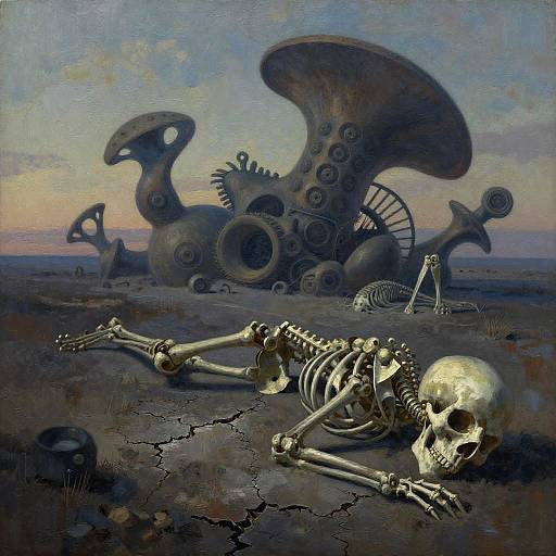 Digital surreal artwork: Foreground skeletal figure lies on cracked earth, background mechanical creatures with gears and wheels under a twilight sky.