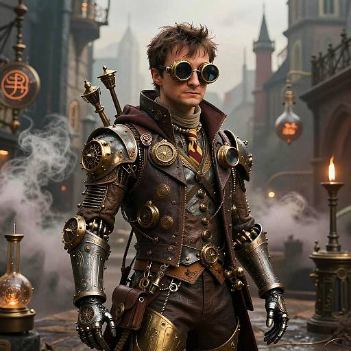 Steampunk male with round sunglasses, metallic armors, brown leather vest, and goggles, standing in a foggy, lit-up, Victorian-era