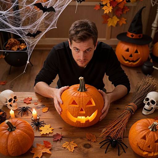 Skilled Craftsman Carving Halloween Pumpkin