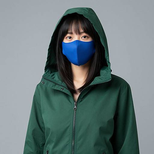 Photograph of an Asian woman with straight black hair, wearing a green hooded jacket and blue face mask, against a light blue background.