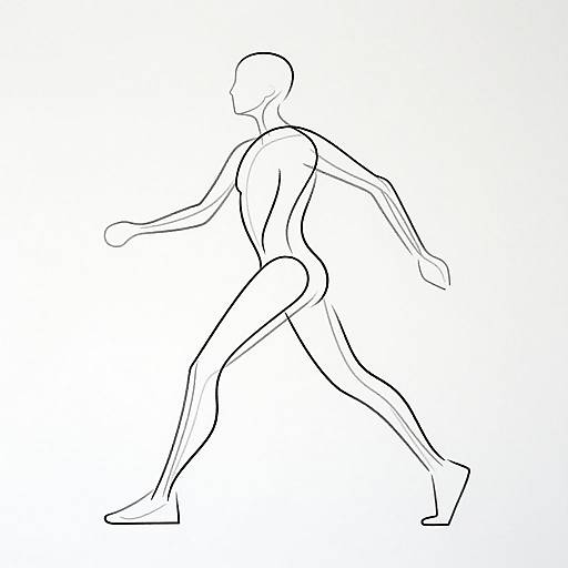 Minimalist black line drawing of a running figure in side profile, with elongated limbs and simple, unadorned outline.