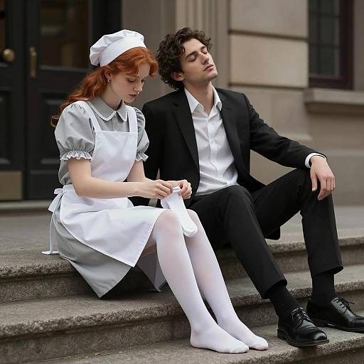 Young Woman in Maid Outfit and Man in Suit Sitting on Steps