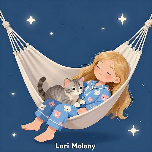 Sleeping Girl with Kitten in Hammock