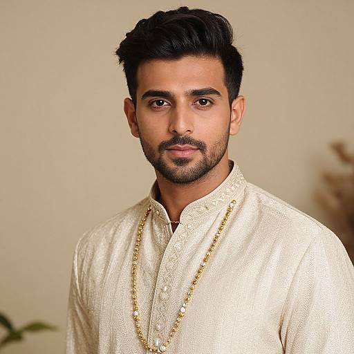 Photograph of a handsome Indian man with dark hair, trimmed beard, and brown eyes, wearing a white embroidered shirt and gold necklace, against a beige