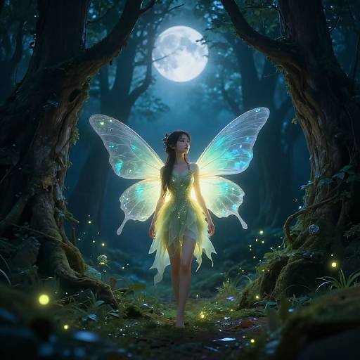 Fantastical forest moonlit scene: glowing fairy with transparent, bioluminescent wings, yellow leaf dress, surrounded by fireflies, stands between