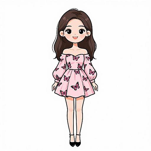 Digital anime-style drawing of a young woman with long brown hair, wearing a pink off-shoulder dress with purple butterfly patterns, standing against a white