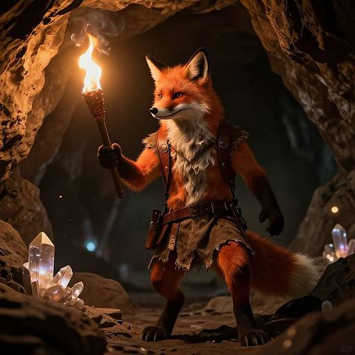 Digital art of an anthropomorphic fox wielding a torch in a dimly lit cave, wearing a leather harness and fur skirt. Crystals glow in the