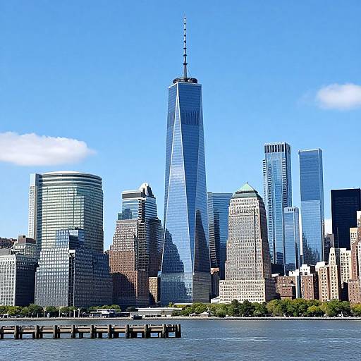 Photograph of New York City skyline featuring One World Trade Center, surrounded by various modern skyscrapers under a bright blue sky. Waterfront with p