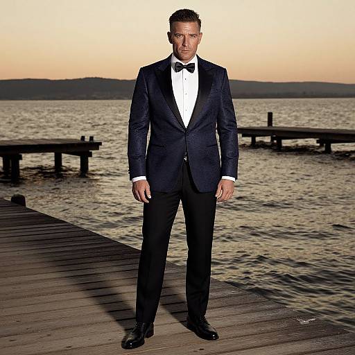 Photograph of a serious, handsome man in a black tuxedo with white shirt and black bow tie, standing on a wooden dock at sunset with