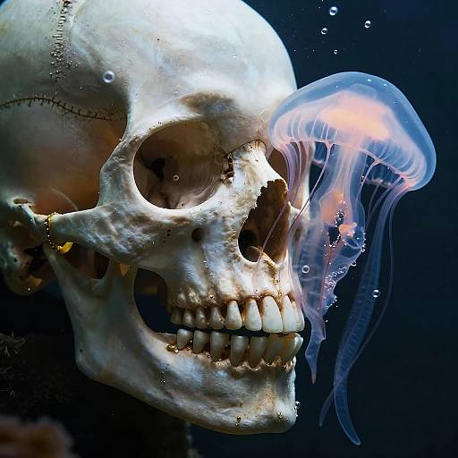 Submerged Skull with Jellyfish Close-Up