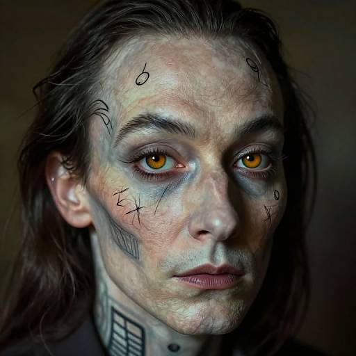 Photorealistic digital portrait of a pale, tattooed man with long dark hair, intense orange eyes, and black scribbles on his face,