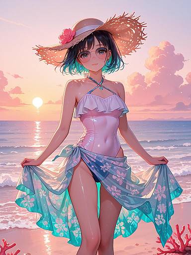 Girl in Swimsuit with Sarong on Beach at Sunset