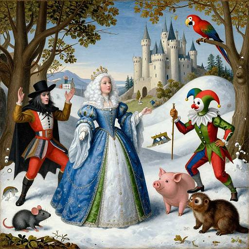 Renaissance-style painting: noblewoman in blue dress, knight in black hat, jester with parrot, pig, boar, mouse,