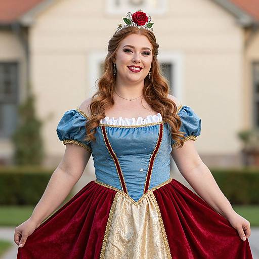 Photograph of a fair-skinned, red-haired woman in a blue and red Cinderella costume with gold trim, smiling, holding her skirt, wearing