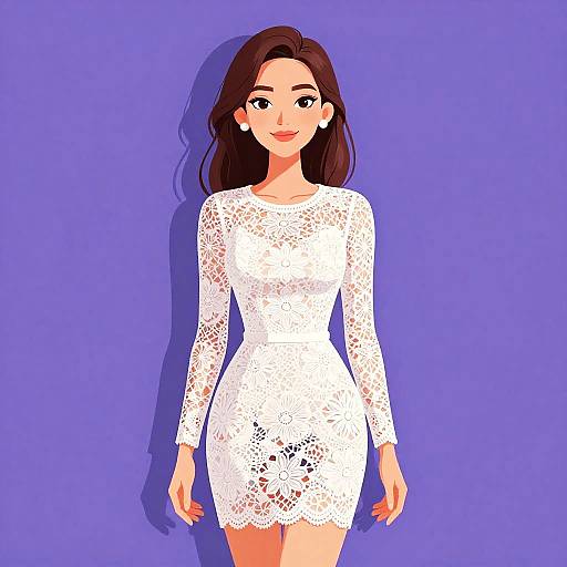 Digital illustration of a smiling woman with long brown hair, wearing a white lace long-sleeve dress, against a solid purple background.
