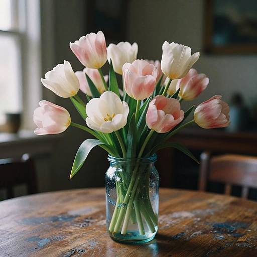 Photograph of a glass jar vase filled with pink and white tulips on a rustic wooden table, softly lit by natural light.