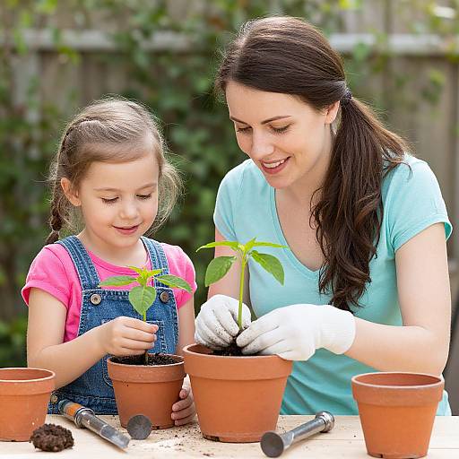 Woman and Child Potting Plants