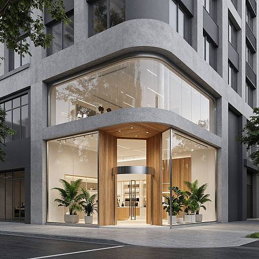 Photograph of a modern, glass-fronted building with wooden interior, large potted plants, and urban street setting, illuminated at night.