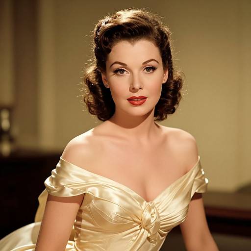 Vintage-style photograph of a fair-skinned woman with red lipstick, dark wavy hair, and an off-shoulder gold satin dress, set against