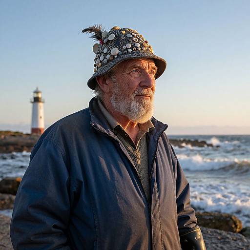Photograph of an elderly white man with a white beard, wearing a decorative hat and dark jacket, standing by a seaside lighthouse at sunset.
