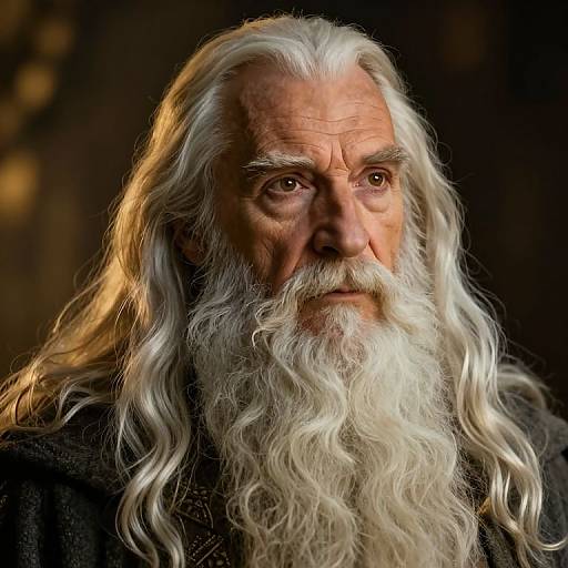 Photograph of an elderly man with long, wavy white hair and beard, intense brown eyes, and a serious expression, illuminated by warm light against