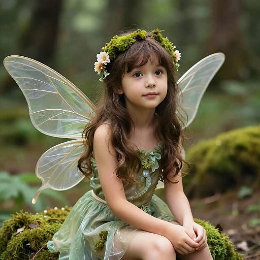 Photograph of a young girl with long brown hair, fairy wings, and a moss crown, wearing a green dress, sitting on moss in a forest