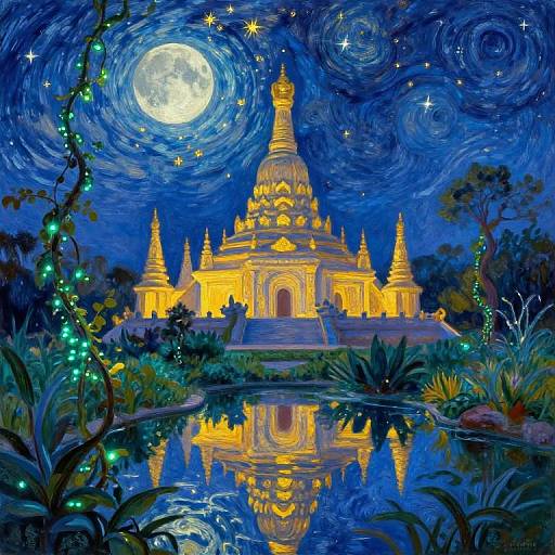 Impressionist Night Temple Reflection