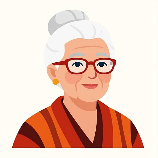 Digital illustration of an elderly Asian woman with white hair, red glasses, orange earrings, and red-orange striped robe, smiling.