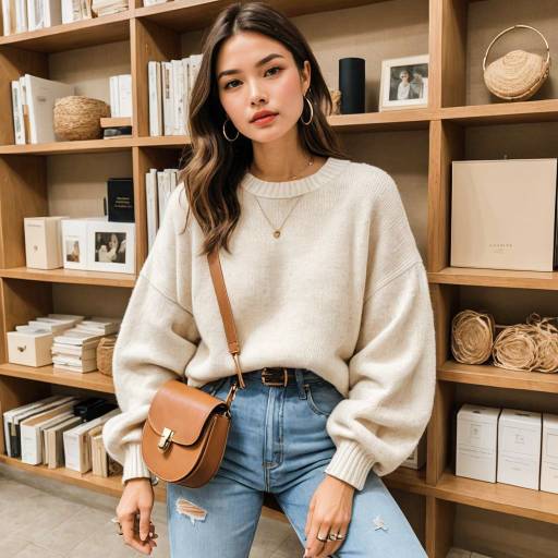 Stylish Woman in Cozy Oversized Sweater and Distressed Jeans