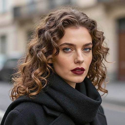 Portrait of Woman with Curly Hair and Dark Lipstick