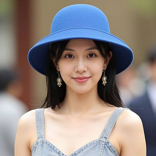 Young Asian woman with long black hair, wearing a bright blue wide-brimmed hat and denim dress, smiling softly, adorned with star-shaped earrings,