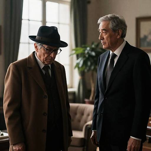 Two Older Men in Serious Conversation Indoors