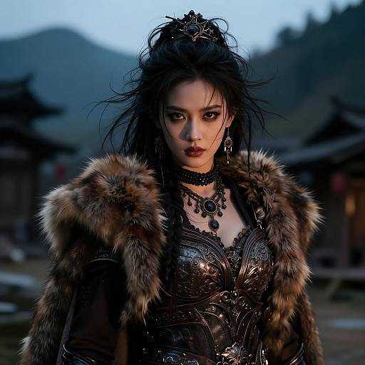 Digital art of a fierce Asian woman with dark hair in a messy bun, wearing a black lace corset, fur coat, and necklace, against a