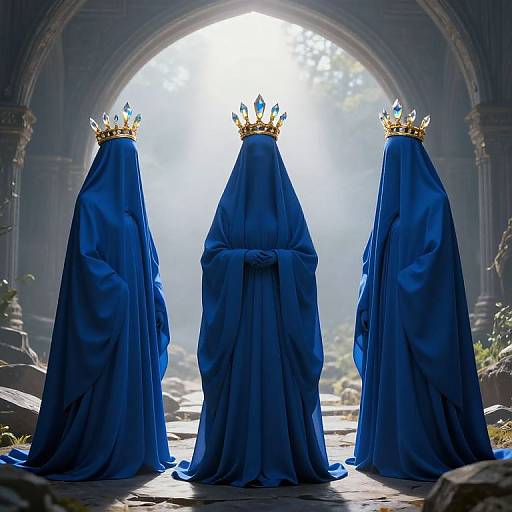 Three regal figures in royal blue cloaks with golden crowns stand in a sunlit, arched stone chamber, bathed in ethereal light