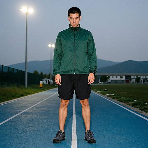Photograph of a young man with short dark hair, wearing a green jacket, black shorts, and black sneakers, standing on a blue track at dusk